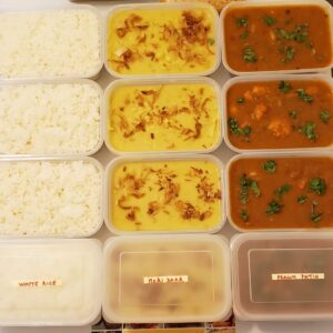 White rice, Mori daar and Patio - Brinjal/Turia/Fish/Prawn